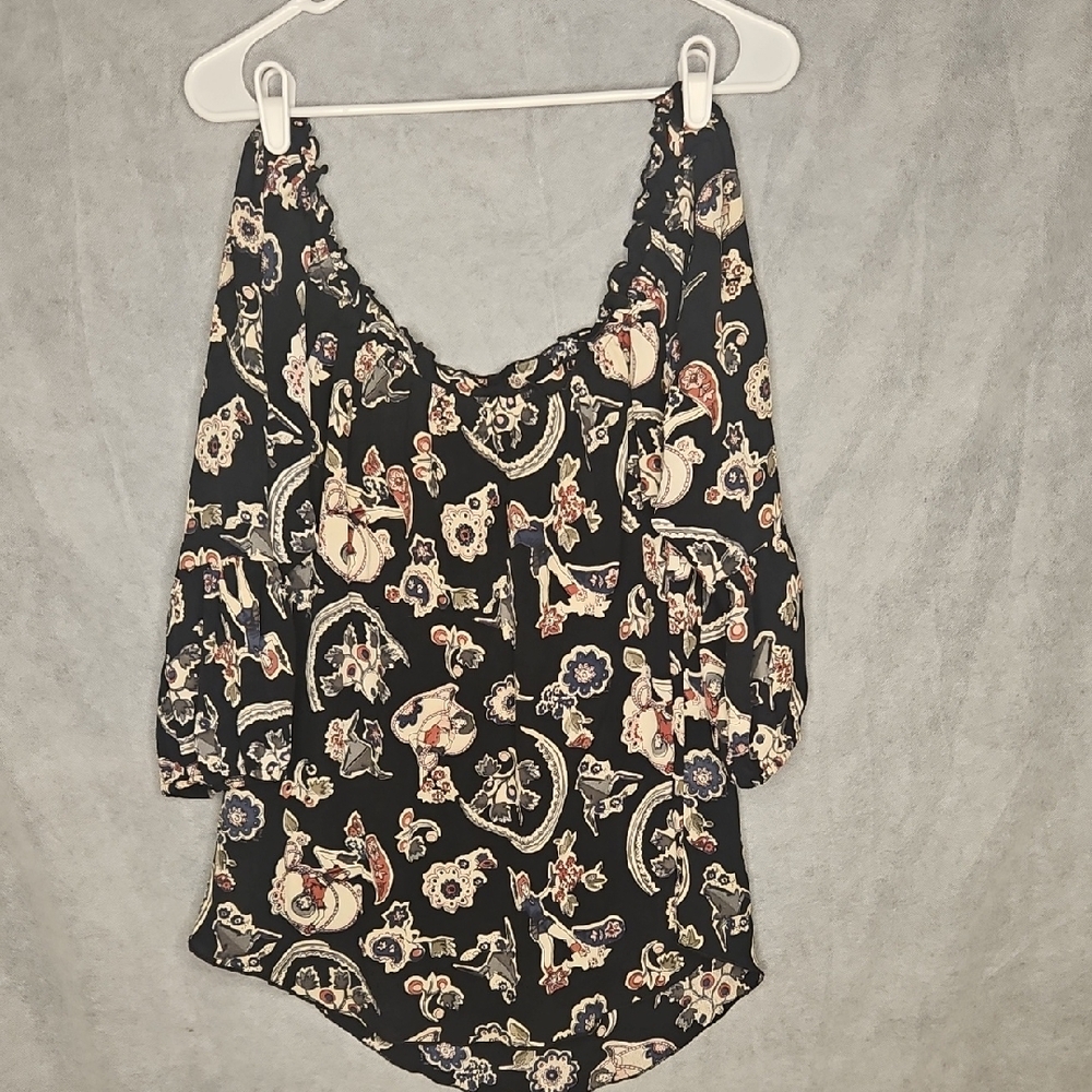 Black Floral Scoop-Neck Peasant Blouse with Cream & Pink Accents